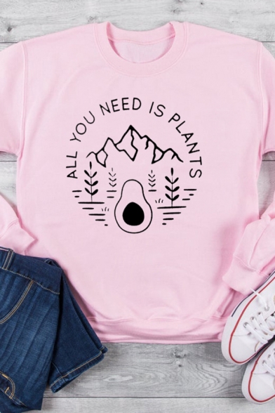 Cute Mountain Letter ALL YOU NEED IS PLANTS Print Long Sleeve Loose Pullover Sweatshirt