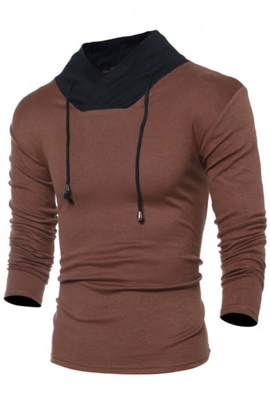 Drawstring Contrast Shawl Collar Long Sleeve Slim Fit Unique T-Shirt for Metrosexual Men