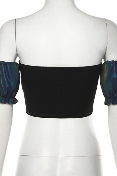Edgy Girls Short Sleeve Off The Shoulder Drawstring Ruched Reflective Grey Crop Corset for Club