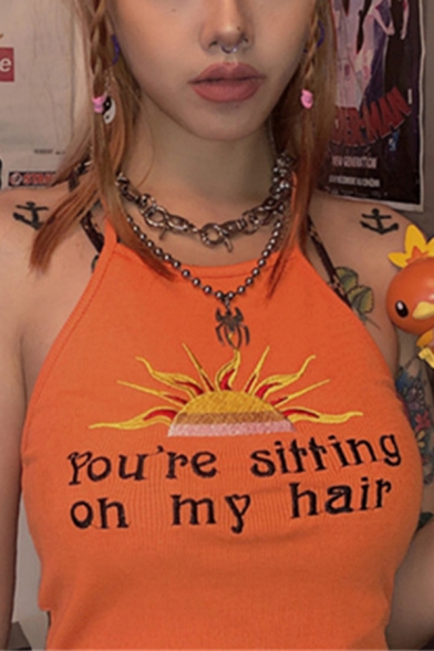 Edgy Girls' Sleeveless Halter YOU'RE SITTING ON MY HAIR Letter Sun Print Slim Knit Crop Tank Top in Orange