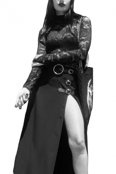 Elegant Ladies Black High Waist Eyelet Buckle High Slit Zip Side Fit Maxi A-Line Skirt