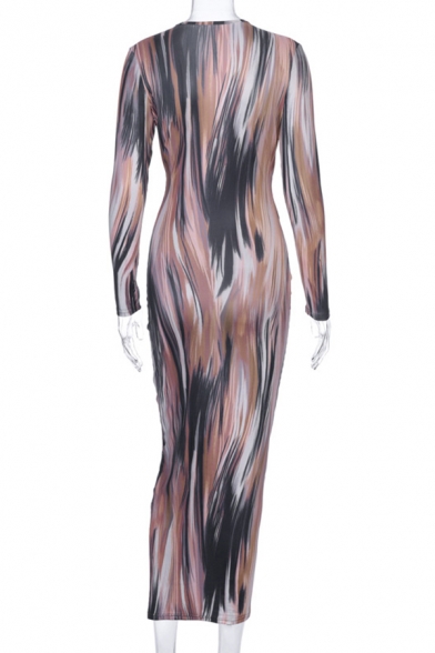 Exclusive Brown Stripe Painting V-Neck Long Sleeve Tied Waist Maxi Bodycon Dress for Party
