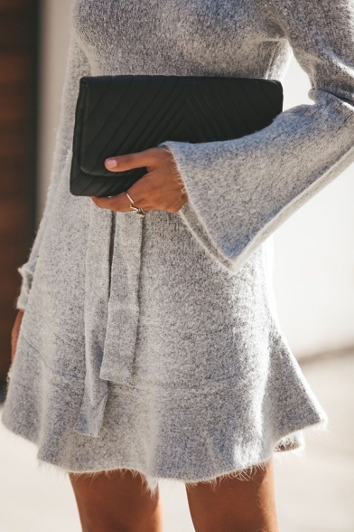 Fashion Plain Off the Shoulder Bell Sleeve Tied Waist Mini A-Line Sweater Dress