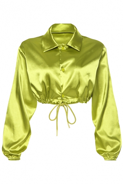Fashion Street Long Sleeve Point Collar Button Down Drawstring Bow-Tie Green Flared Crop Top  For Women