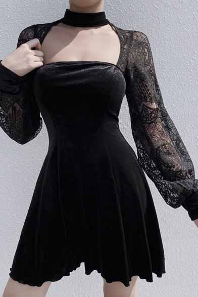 Girls Cool Popular Black Lace Patched Long Sleeve Cutout Detail Mini A-Line Night Club Dress