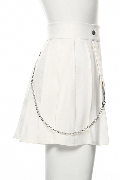 Girls' Cute Plain High Waisted Button Pin Chain Embellished Flared Pleated A-Line Mini Skirt