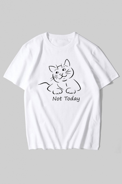 Girls Funny Cartoon Cat Letter NOT TODAY Pattern Short Sleeves White Sports Tee