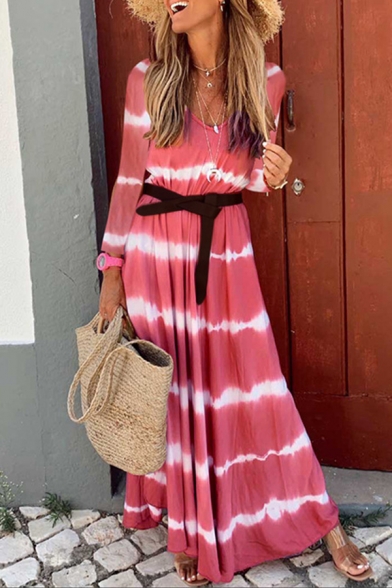 Gorgeous Girls' Long Sleeve Round Neck Stripe Print Belted Pleated Maxi Flowy Tee Dress