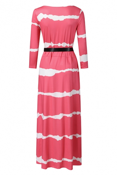 Gorgeous Girls' Long Sleeve Round Neck Stripe Print Belted Pleated Maxi Flowy Tee Dress