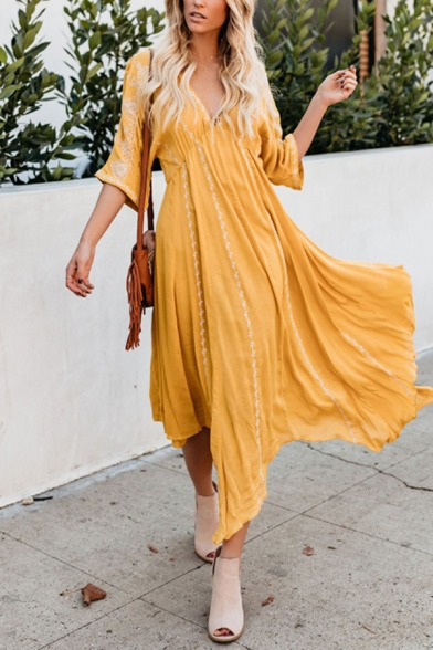 Gorgeous Ladies' Three-Quarter Sleeve Deep V-Neck Floral Embroidered Pleated Asymmetric Maxi Bohemian Flowy Dress in Yellow