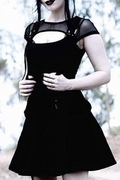 Gothic Punk Style Black Mesh Panel Short Sleeve Cutout Front Ribbon Embellished Midi A-Line Party Dress