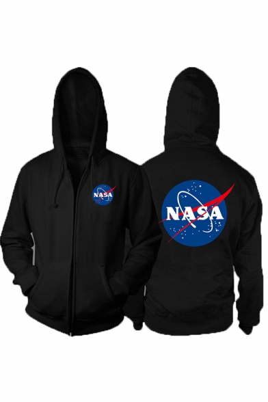 Hot Popular NASA Logo Print Long Sleeve Zip Placket Side Pocket Casual Sports Hoodie