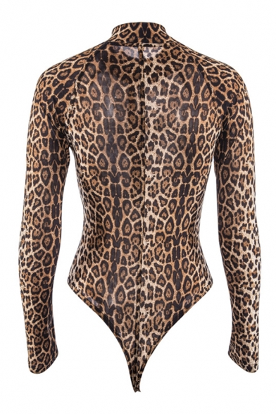 Hot Women's Long Sleeve High Neck Leopard Pattern Half Zip Slim Fit Bodysuit in Brown