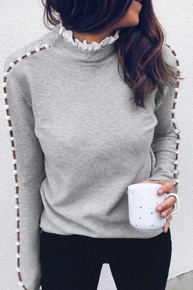 Ladies Chic Lace Panelled Collar Pearl Decorated Hollow Out Long Sleeve Pullover Sweatshirt Gray T-Shirt