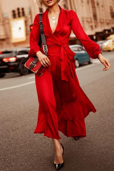 Ladies Fashion Plain Lapel Collar Long Sleeve Tied Waist Silk Satin Maxi Wrap Dress