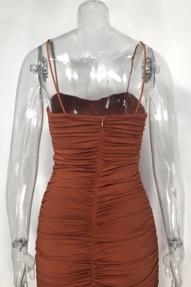 Ladies Stylish Plain Spaghetti Straps Zipper Back Maxi Fitted Bandage Dress