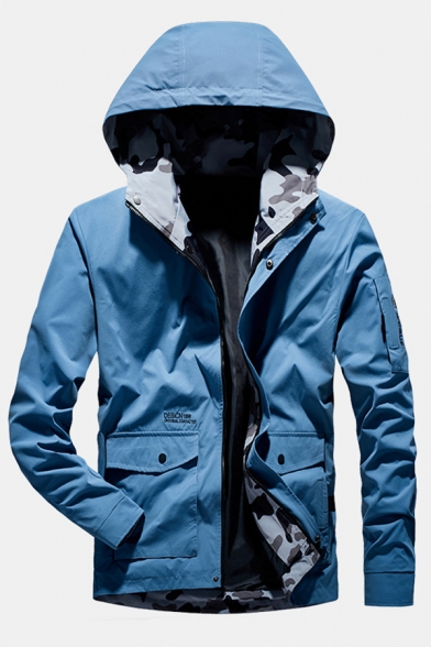 Light Blue Long Sleeve Flap Pocket Zip Up Slim Fit Cargo Track Jacket Mens Hooded Coat