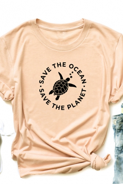 Lovely Turtle Pattern SAVE THE OCEAN SAVE THE PLANET Print Roll-Up Short Sleeve Tee