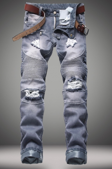 Men's Stylish Pleated Crumple Detail Broken Hole Denim Pants Vintage Straight Jeans