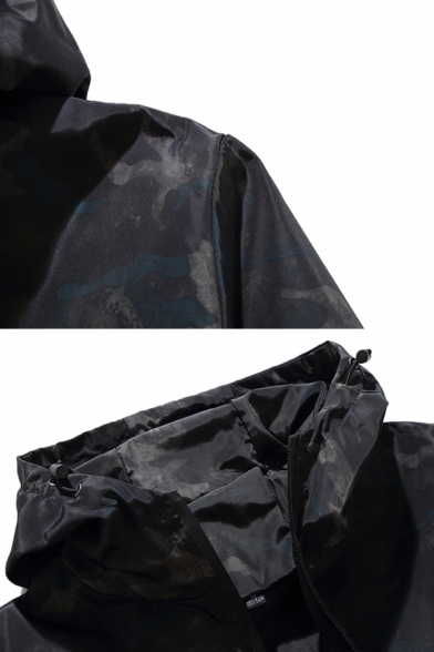 Mens Basic Camo Printed Long Sleeve Zip Up Black Sports Track Jacket Coat