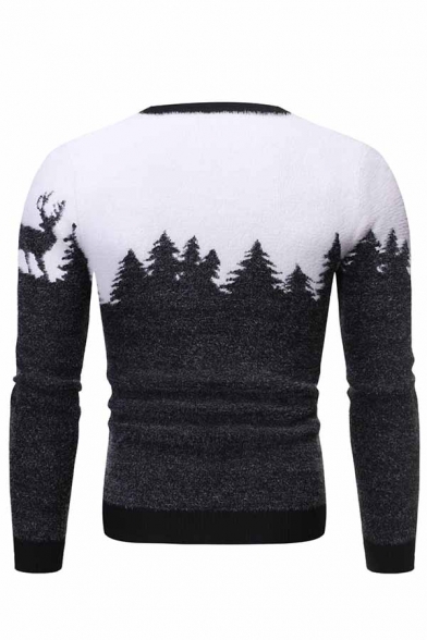 Mens Casual Forest and Deer Printed Long Sleeve Round Neck Mohair Pullover Knit Sweater