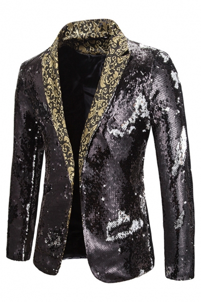 Mens Chic Floral Printed Notched Collar Color Block Sequined Open Front Formal Blazer for Party