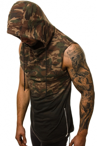 Mens Classic Camouflage Pattern Sleeveless Side Zip Slim Fit Hoodie Waistcoat