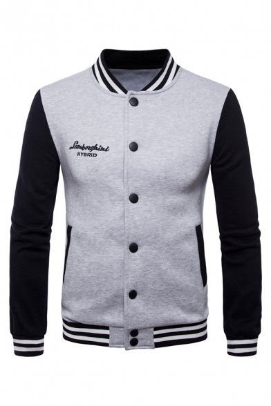 Mens Embroidery Letter Printed Stand Collar Color Block Long Sleeve Button Down Casual Varsity Baseball Jacket