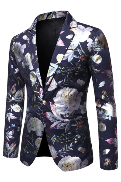Mens Exclusive Floral Pattern Long Sleeve One Button Slim Fitted Casual Suit Blazer