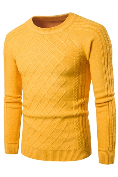 Mens Hot Popular Diamond Pattern Knit Round Neck Solid Color Slim Fit Basic Sweater
