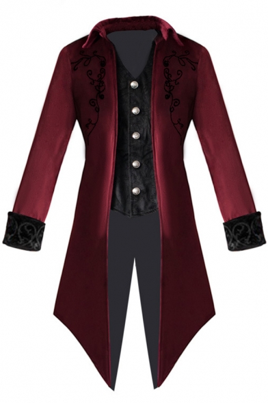 Mens Medieval Costume Punk Style Pattern Long Sleeve Single Breasted Button Embellished Long Swallowtail Coat
