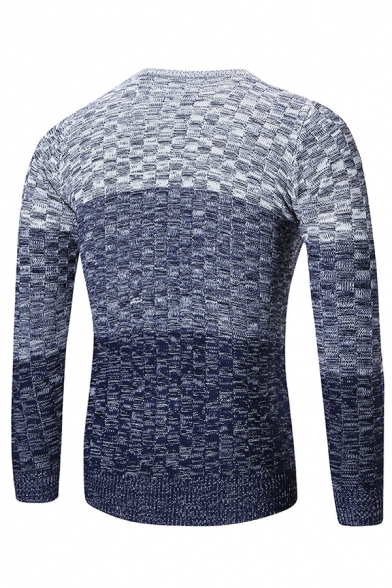 Mens New Trendy Color Gradient Printed Long Sleeve Round Neck Knitted Warm Pullover Sweater