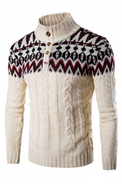 Mens Popular Tribal Print Stand Collar Button Down Cable Knit Pullover Polo Sweater