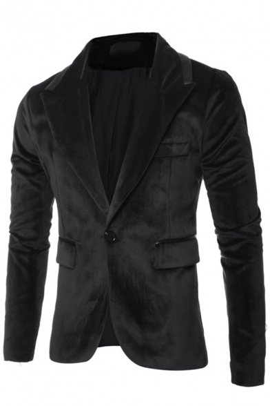 Mens Simple Plain Long Sleeve Single Button Flap Pocket Slim Fitted Casual Velvet Suit Blazer
