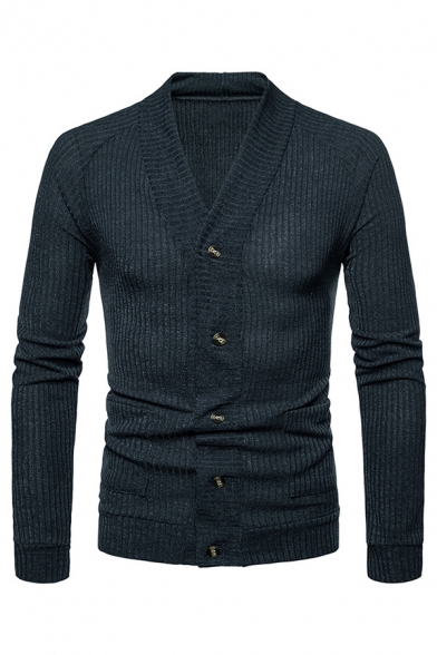 Mens Simple Plain V Neck Long Sleeve Button Front Casual Thin Ribbed Knit Cardigan