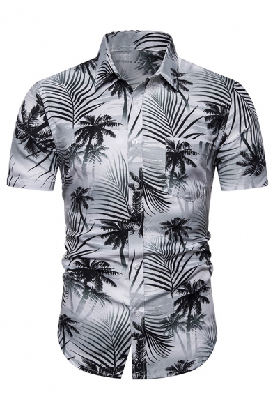 Mens Simple Tree and Leaf Print Short Sleeve Button Up Summer Shirt