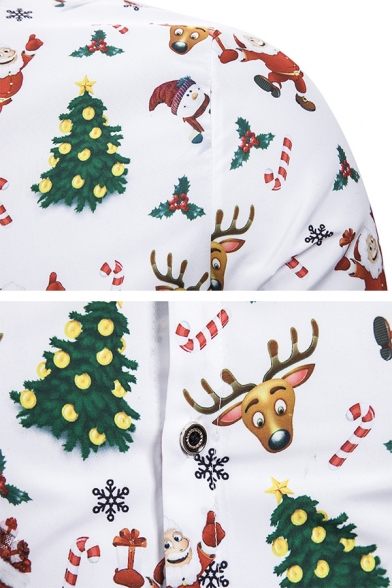 Mens Trendy Christmas Elements Printed Turn-Down Collar Single Breasted White Shirt