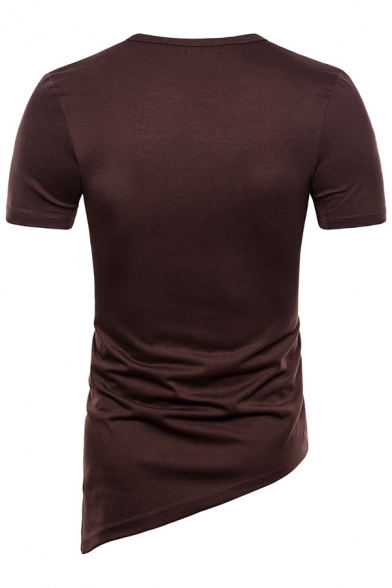 Mens Unique Lace Up Detail Asymmetric Hem Short Sleeve Plain Slim Fit T-Shirt