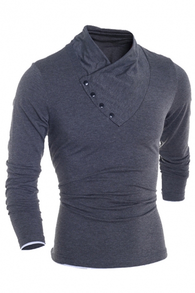 Mens Unique Pile Heap Collar Oblique Buttons Design Gray Leisure Fitted T-Shirt