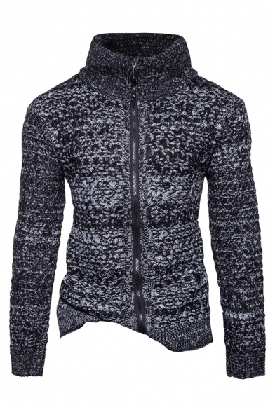 Mens Warm High Collar Long Sleeve Zip Up Slim Fit Casual Chunky Knitted Cardigan Coat