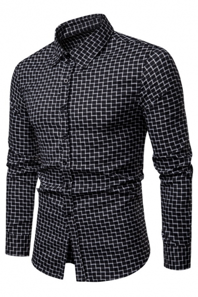 Metrosexual Men's Plaid Printed Long Sleeve Button Front Turn Down Collar Fitted Daily Shirt