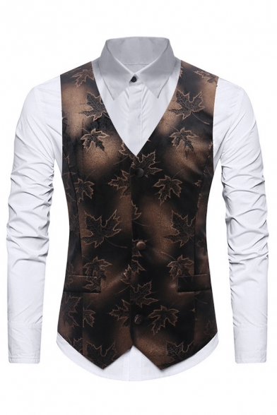 New Arrival Maple Leaf Print Sleeveless Single Breasted Casual Brown Suit Waistcoat