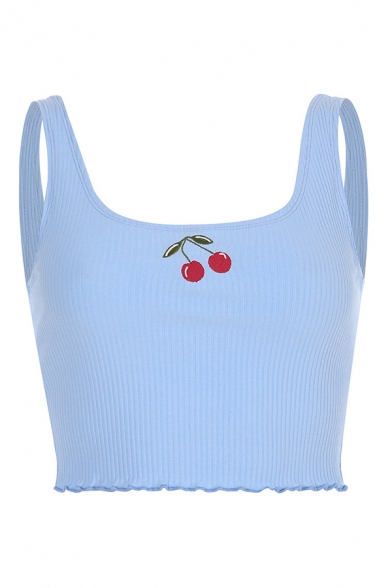 Sexy Blue Sleeveless Scoop Neck Cherry Print Knit Stringy Selvedge Crop