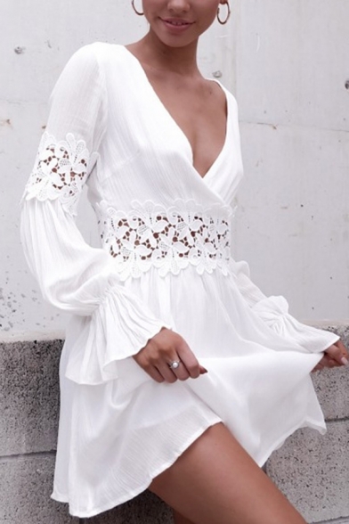 Simply Sexy Ladies' Long Sleeve Surplice Neck Ruffled Trim Lace Patched Hollow Back Pleated Short A-Line Dress in White