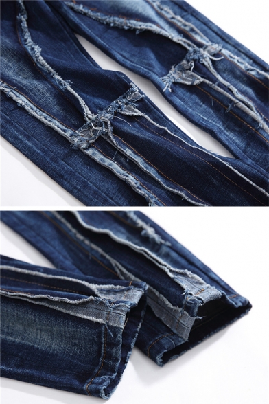Street Style PU Patch Pocket Destroyed Raw Edge Design Dark Blue Denim Pants
