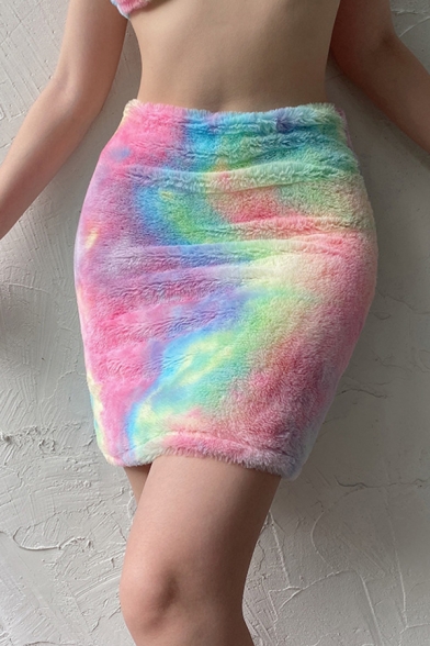 Stylish Girls' High Waisted Zip Back Fluffy Tie-Dye Pink Tight Short Skirt for Party