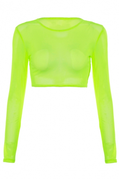 Stylish Green Girls' Long Sleeve Crew Neck Sheer Mesh Slim Fit Crop T Shirt for Party