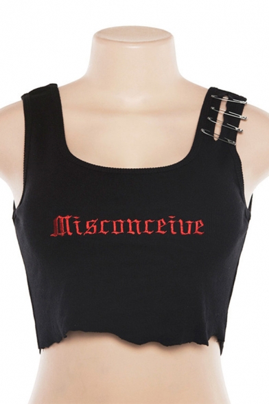 Stylish Street Girls' Sleeveless Spoon Neck Letter Printed MISCONCEIUE Pin Crop Tank Top