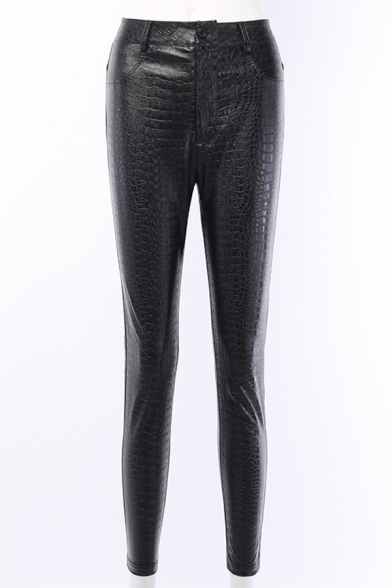 Trendy Hot Ladies' Mid Rise Croco Print Leather Long Plain Skinny Pants