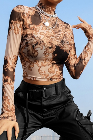 Trendy Street Long Sleeve Mock Neck Floral Pattern Semi-Sheer Khaki Mesh Fitted Crop T-Shirt for Female
